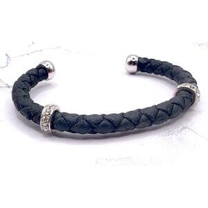 Premier Designs Braided Cuff Bracelet Black Rhinestone Silver 8" x 1/4"